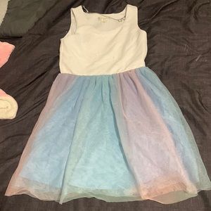 White, blue, purple, and pink dress
